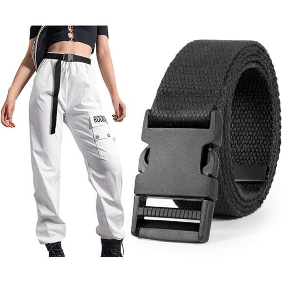 SANSTHS Canvas Long Belt Hip Hop Streetwear Style Black Buckle Cargo Belt